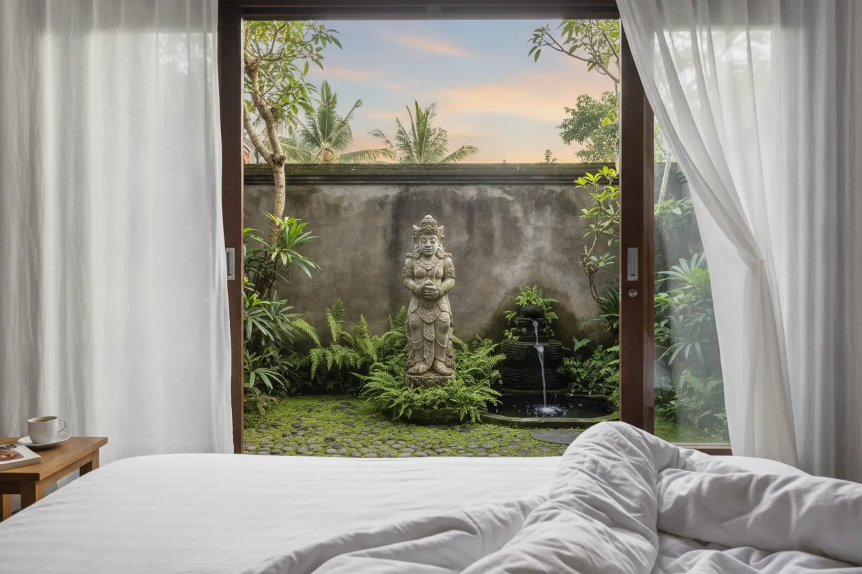 A serene morning view from a bed in a Balinese villa looking through sheer curtains